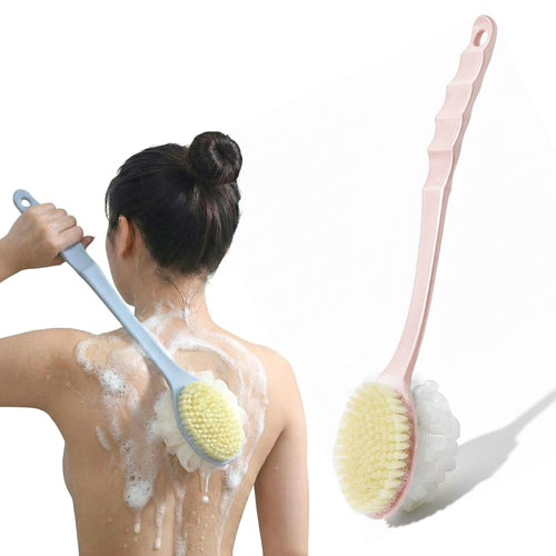 Looklike® 2-in-1 Loofah & Bristle Bath Brush – Curved Back Scrubber with Long Handle for Body Cleaning (Multicolor)