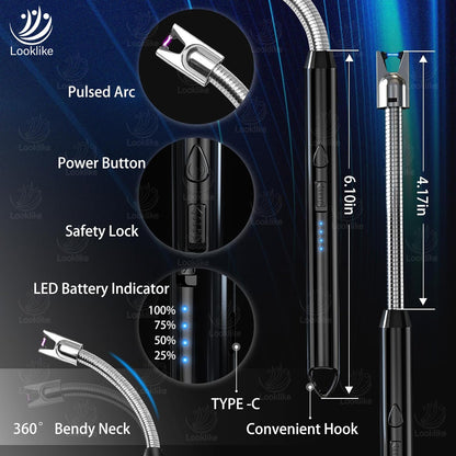Looklike® Rechargeable Electric Gas Lighter for Kitchen, Lighter for Gas Stove, Candles, Pooja, 1 Year Warranty, C-Type USB, Kitchen Tools, Multi Purpose - 360° Flexible & Windproof, Multi