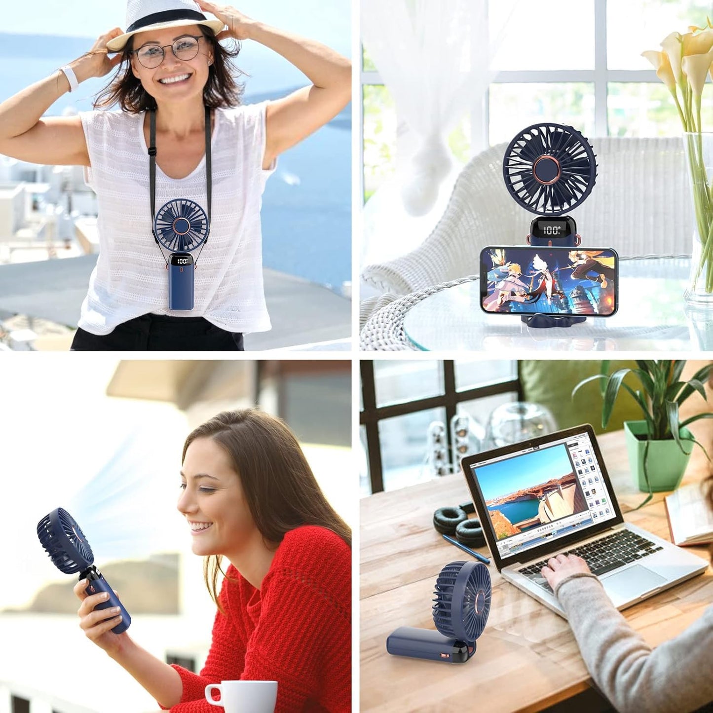 Looklike® Personal Fan, Portable Hanging Neck Fan, 5000mAh USB-C Rechargeable 5-Speed Modes Powerful Desktop Fan with Base, Max 20H Run Time, Adjustable Lanyard and Bracket Hands-free Cooling Fan