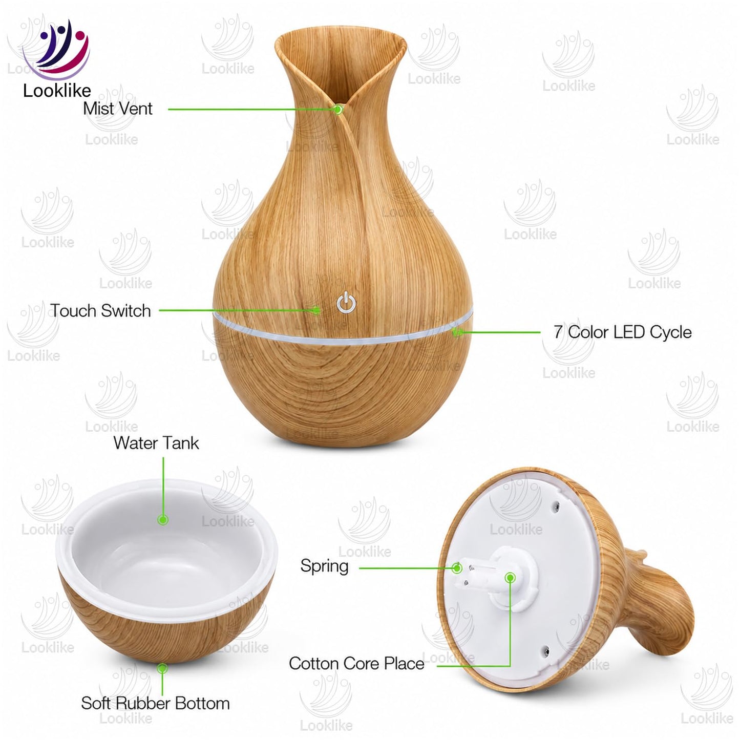 Looklike® Aroma Diffuser with Wooden Finish, Ultrasonic Essential Oil Diffuser & Humidifier, LED Night Light, Quiet Air Freshener for Home Bedroom Office Spa (Multi)