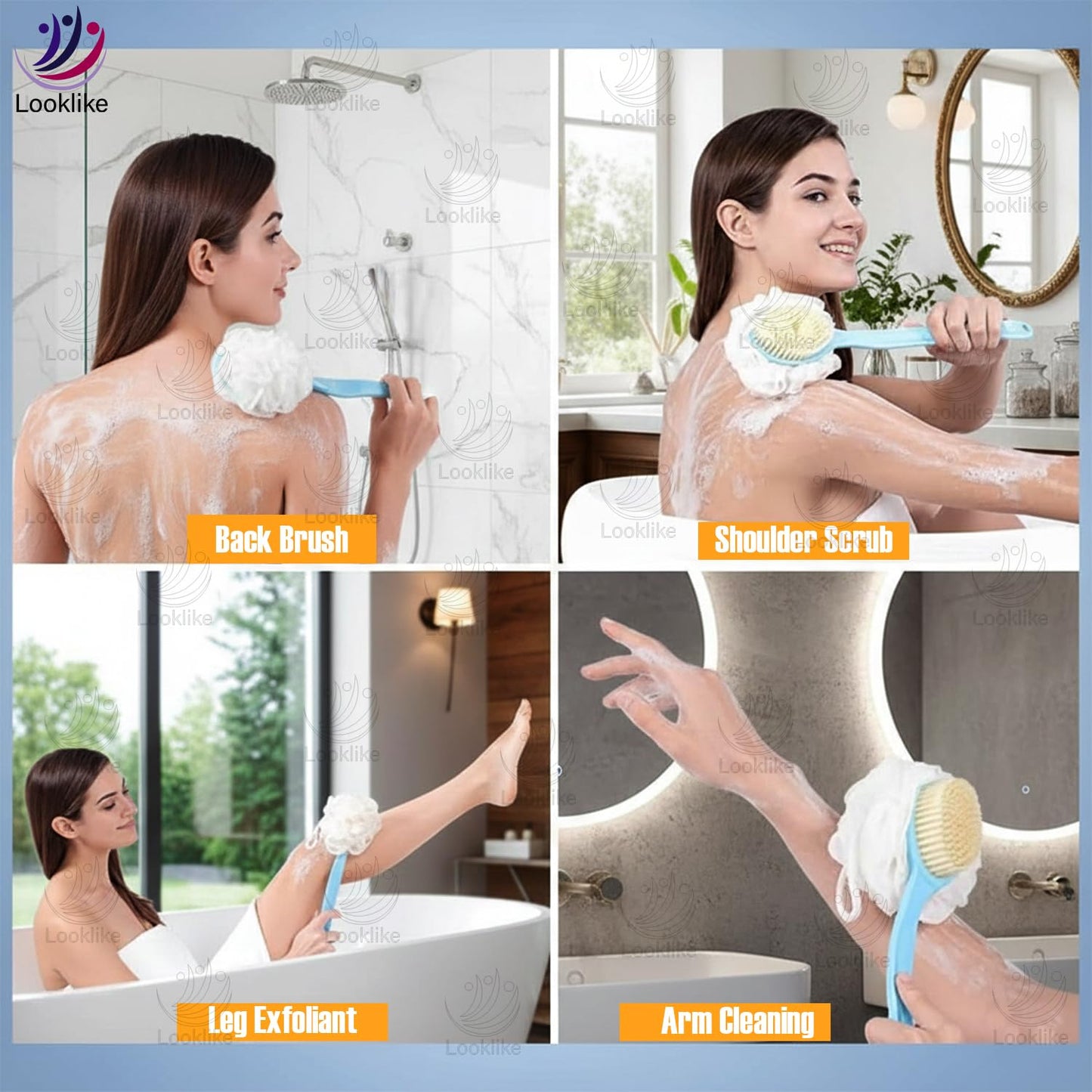 Looklike® 2-in-1 Loofah & Bristle Bath Brush – Curved Back Scrubber with Long Handle for Body Cleaning (Multicolor)