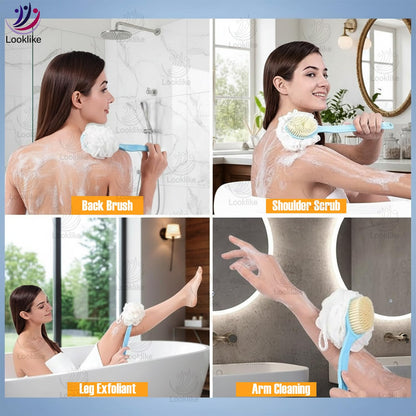 Looklike® 2-in-1 Loofah & Bristle Bath Brush – Curved Back Scrubber with Long Handle for Body Cleaning (Multicolor)