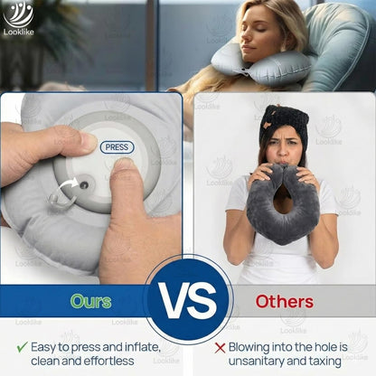 Looklike® Automatic Inflatable Travel Pillow | Ultra-Soft Ergonomic U-Shape Neck Support | for Flights Cars & Office | Compact Portable & Lightweight Neck Pillow | Easy Inflate & Deflate | Blue