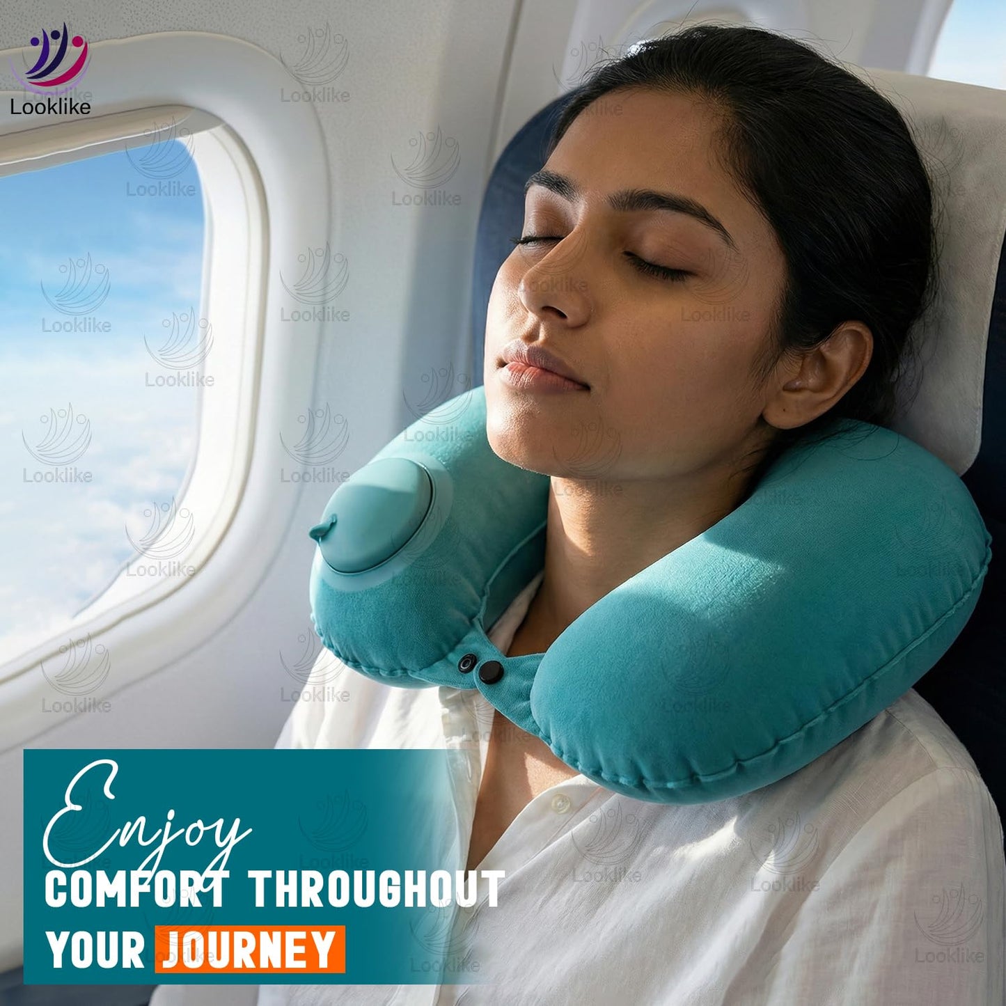 Looklike® Automatic Inflatable Travel Pillow | Ultra-Soft Ergonomic U-Shape Neck Support | for Flights Cars & Office | Compact Portable & Lightweight Neck Pillow | Easy Inflate & Deflate | Blue