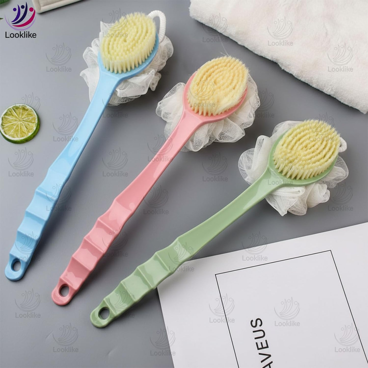 Looklike® 2-in-1 Loofah & Bristle Bath Brush – Curved Back Scrubber with Long Handle for Body Cleaning (Multicolor)