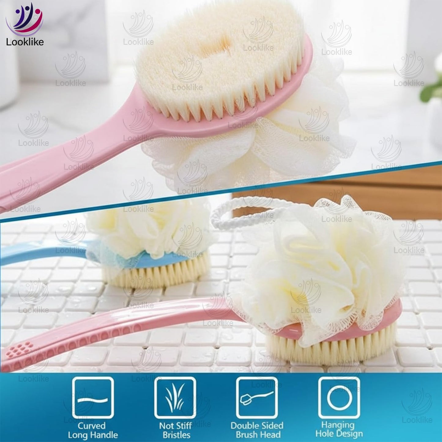 Looklike® 2-in-1 Loofah & Bristle Bath Brush – Curved Back Scrubber with Long Handle for Body Cleaning (Multicolor)