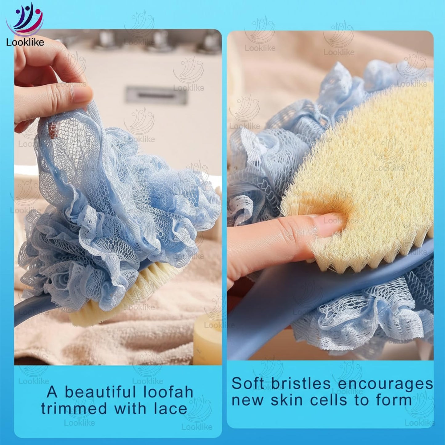Looklike® 2-in-1 Loofah & Bristle Bath Brush – Curved Back Scrubber with Long Handle for Body Cleaning (Multicolor)