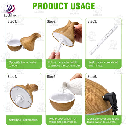 Looklike® Aroma Diffuser with Wooden Finish, Ultrasonic Essential Oil Diffuser & Humidifier, LED Night Light, Quiet Air Freshener for Home Bedroom Office Spa (Multi)