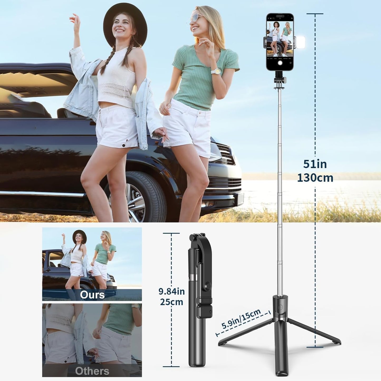 Looklike® 3-in-1 Multifunctional Selfie Stick with Detachable Wireless Remote for Vlogging & Photoshoot, Portable-Lightweight Selfie Stick for iPhone & Android Mobiles