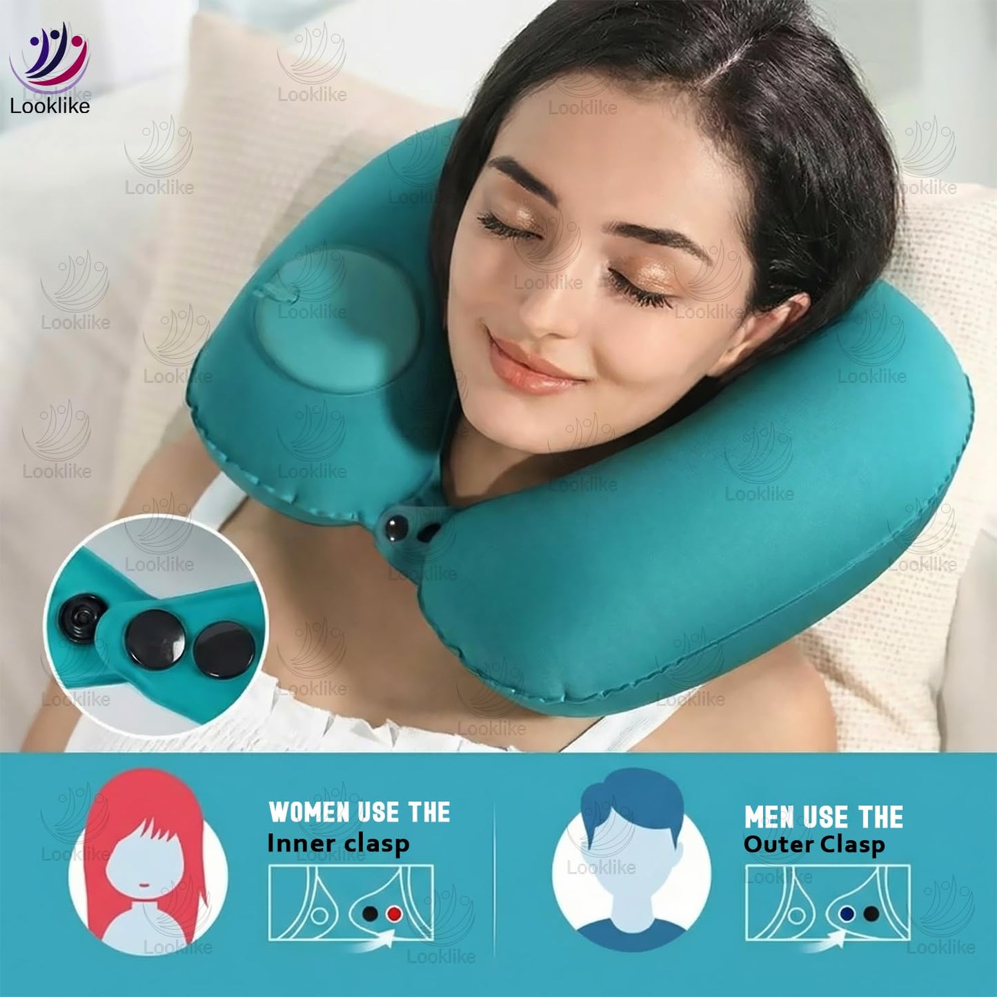 Looklike® Automatic Inflatable Travel Pillow | Ultra-Soft Ergonomic U-Shape Neck Support | for Flights Cars & Office | Compact Portable & Lightweight Neck Pillow | Easy Inflate & Deflate | Blue