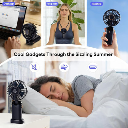 Looklike® Personal Fan, Portable Hanging Neck Fan, 5000mAh USB-C Rechargeable 5-Speed Modes Powerful Desktop Fan with Base, Max 20H Run Time, Adjustable Lanyard and Bracket Hands-free Cooling Fan