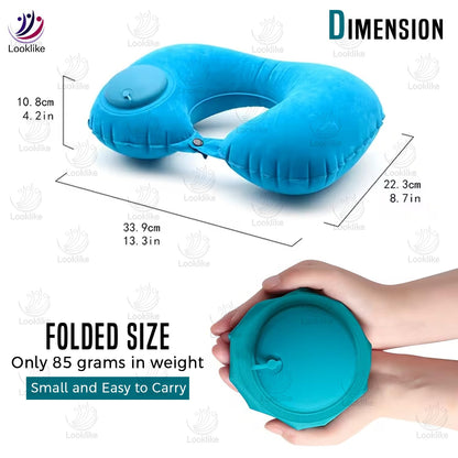 Looklike® Automatic Inflatable Travel Pillow | Ultra-Soft Ergonomic U-Shape Neck Support | for Flights Cars & Office | Compact Portable & Lightweight Neck Pillow | Easy Inflate & Deflate | Blue