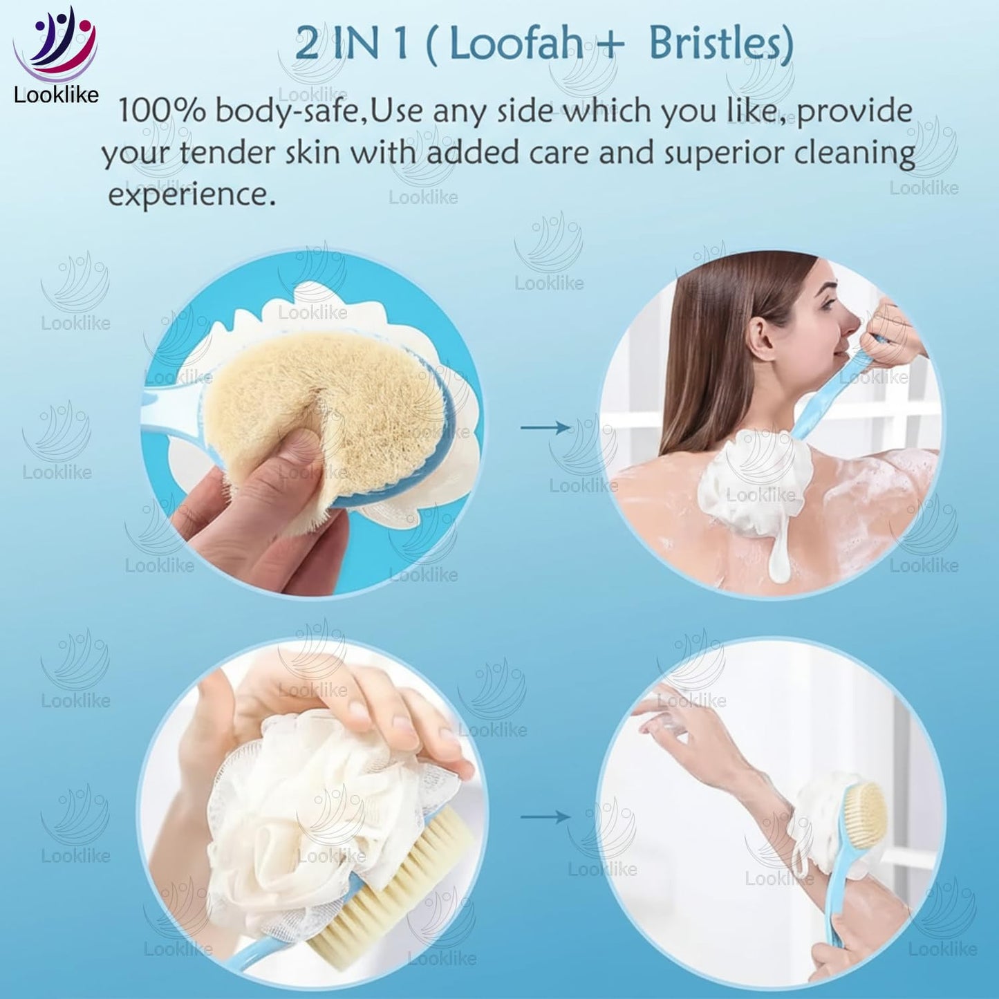 Looklike® 2-in-1 Loofah & Bristle Bath Brush – Curved Back Scrubber with Long Handle for Body Cleaning (Multicolor)